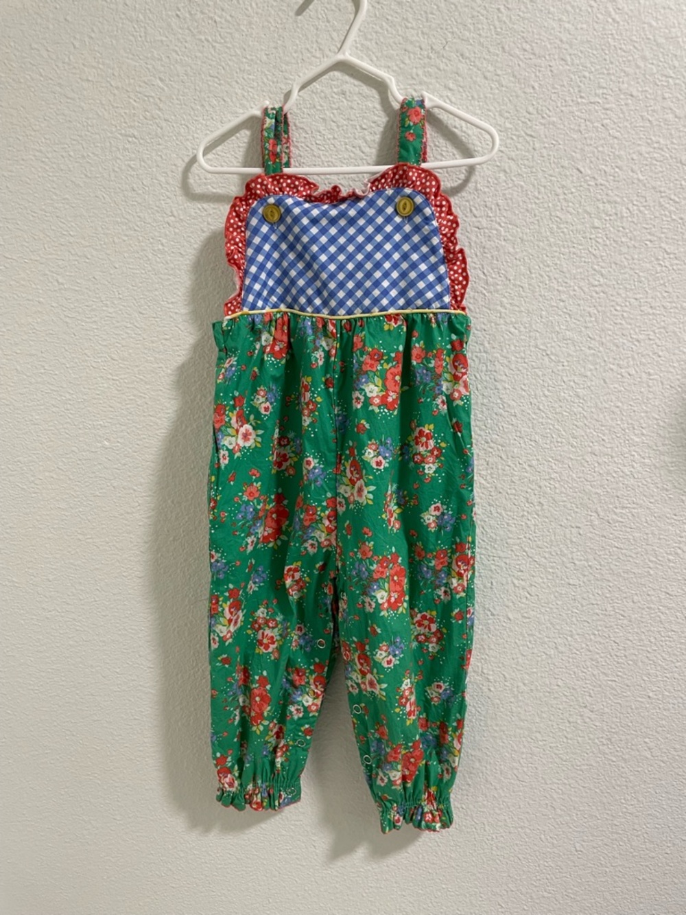 Serendipity Green Floral Girls' Overalls with Blue Gingham Bib